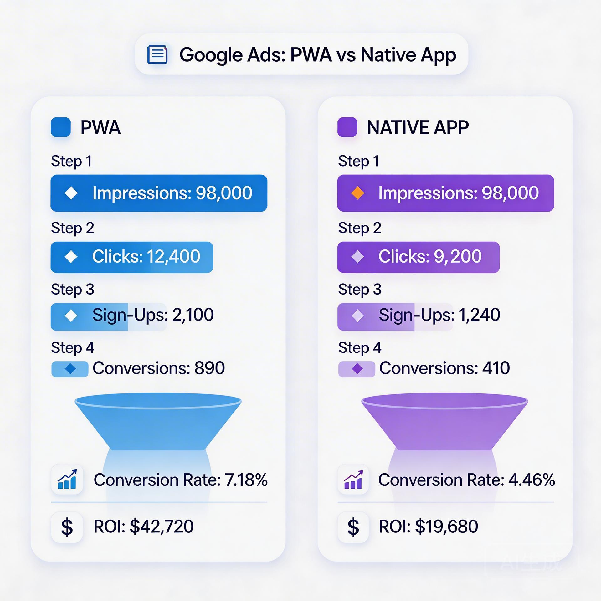 PWA vs native app conversion rate Google Ads comparison