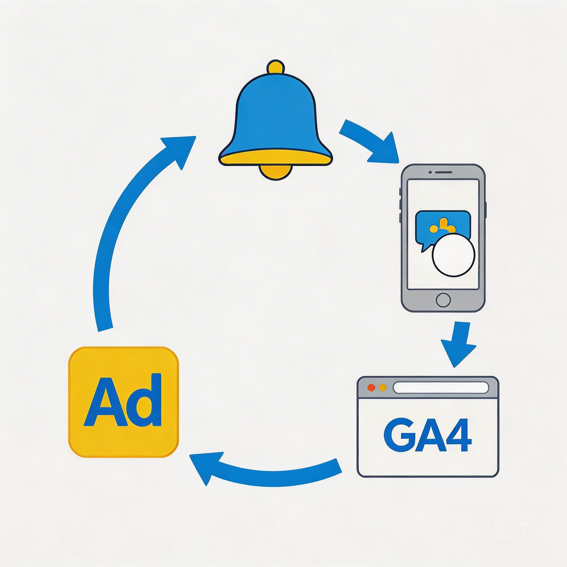 PWA 推送通知与 Google Ads 重激活闭环示意图