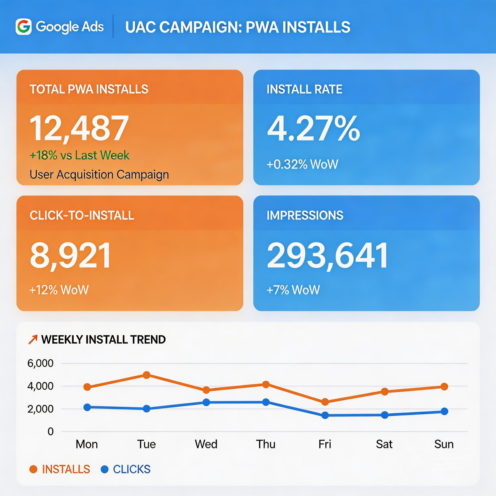 Google UAC campaign dashboard for PWA app installs