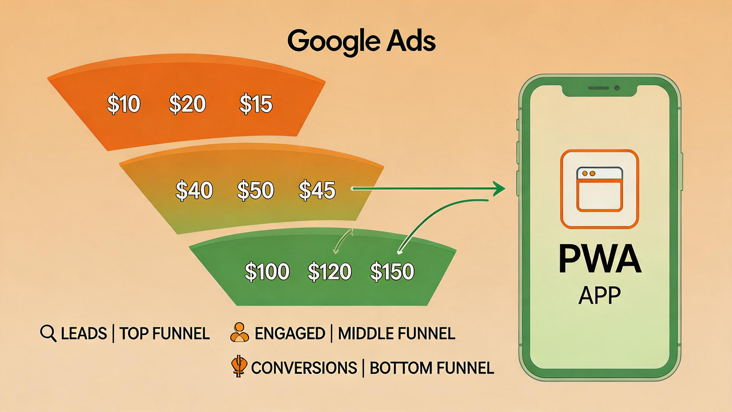 Google Ads conversion value funnel optimizing PWA app installs