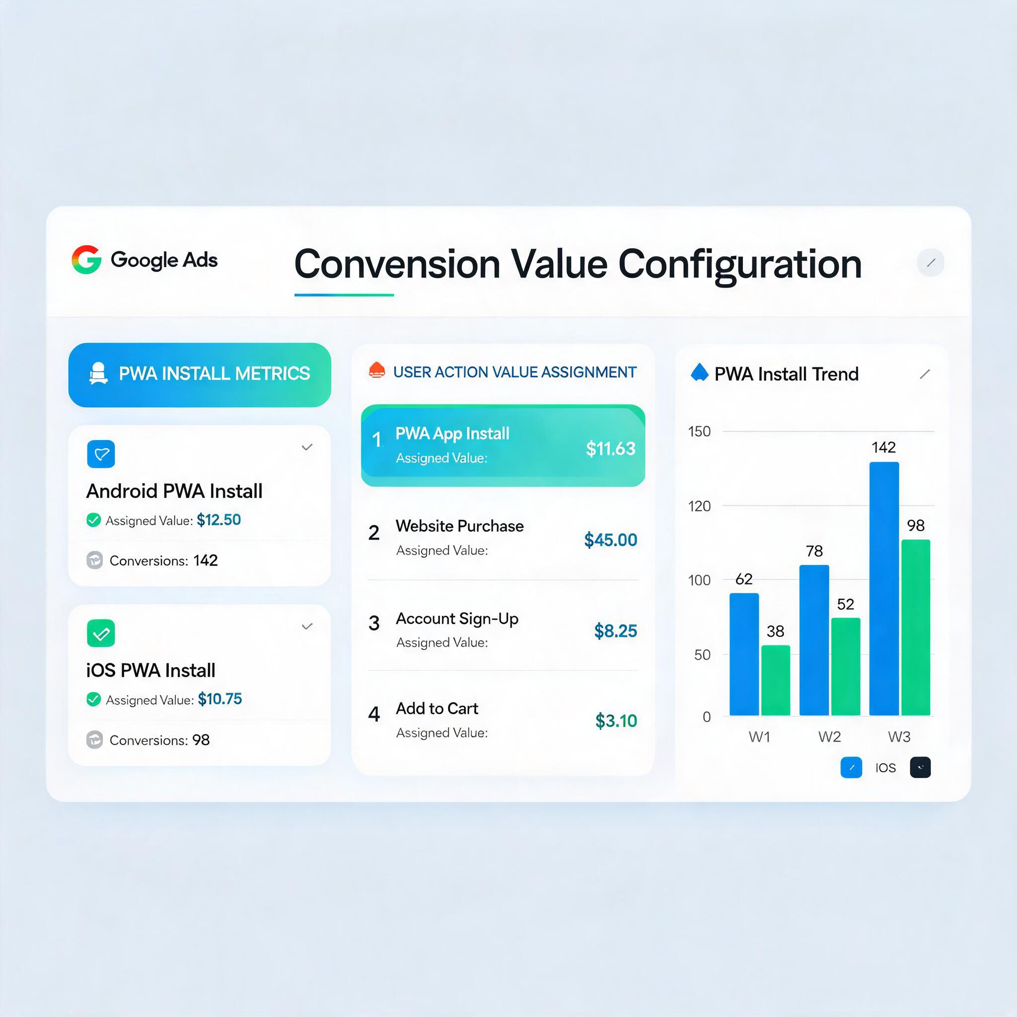 Google Ads conversion value dashboard for PWA install campaigns