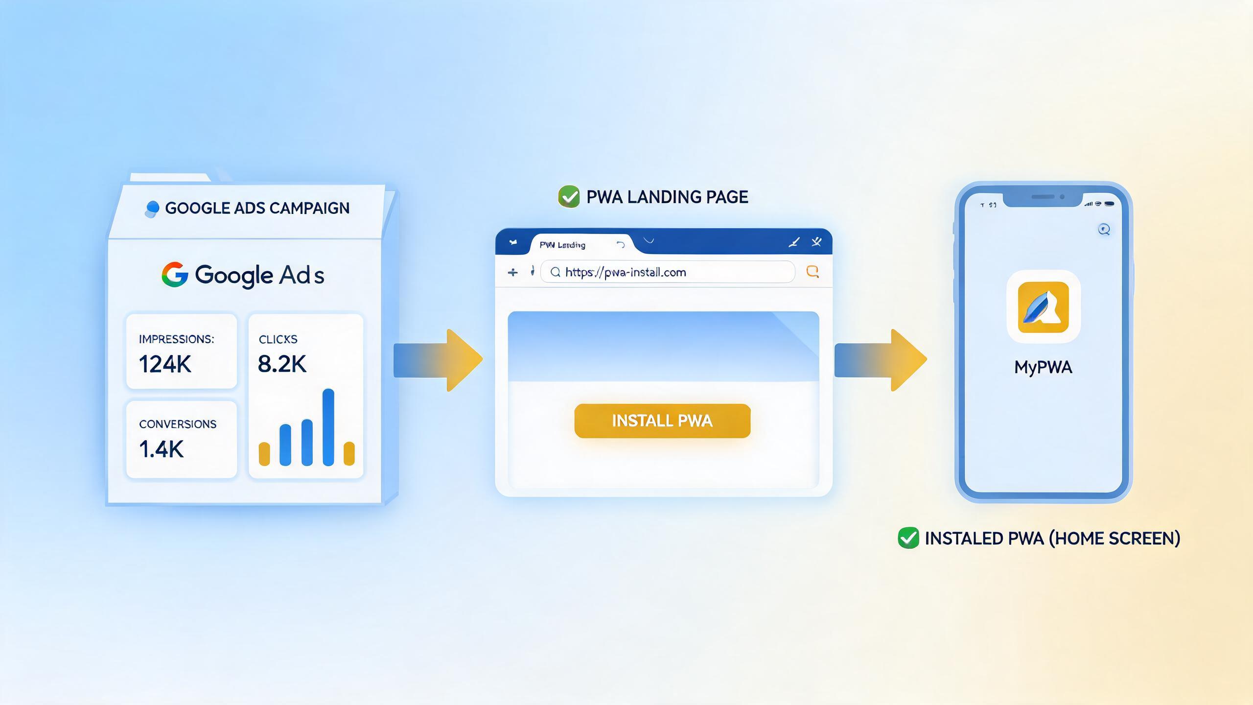 Google Ads 驱动 PWA 安装的 Web 到 App 转化流程