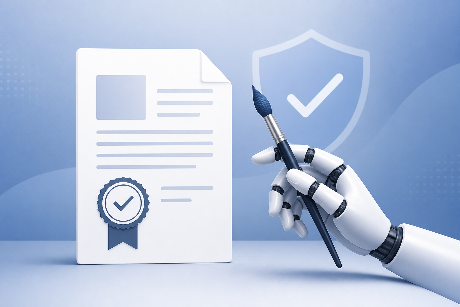 AI content compliance with certification stamp and robot hand