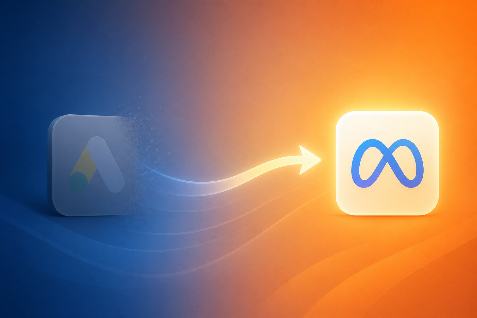 Two advertising platform icons connected by a flowing arrow representing advertiser migration from a dimming platform to a brightening one, illustrating the shift from Meta to Google Ads with PWA landing pages.